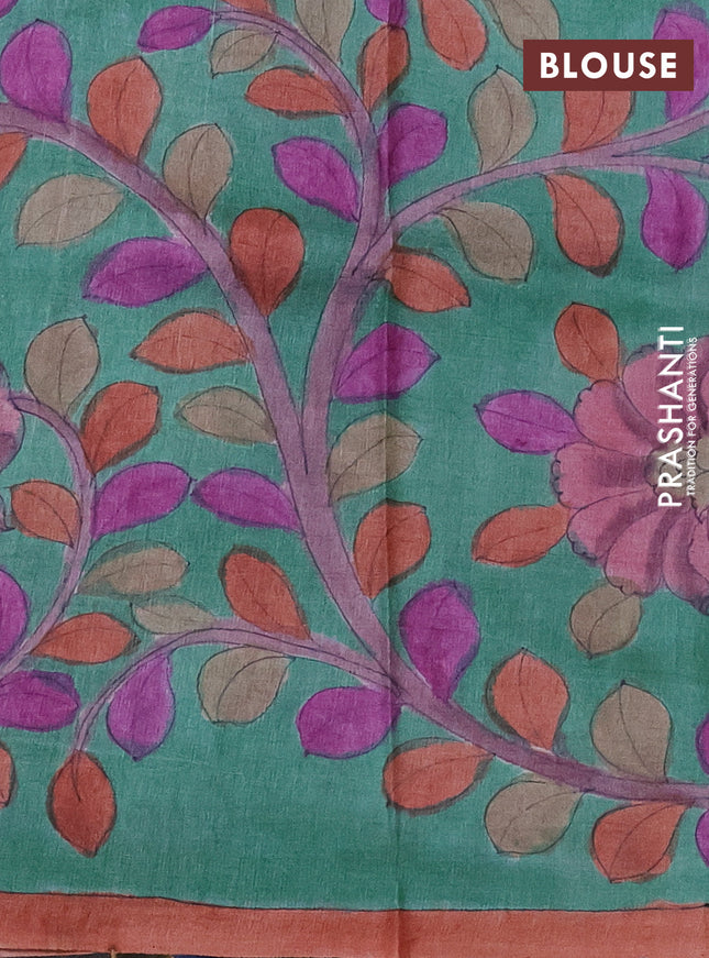 Pure tussar partly silk saree blue shade and pastel green with plain body and kalamkari hand painted prints
