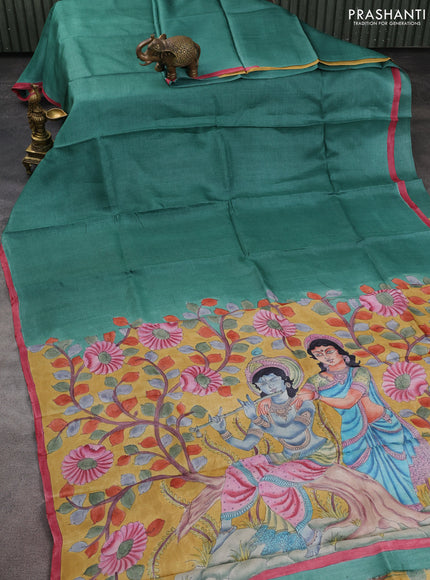 Pure tussar partly silk saree teal green and mustard yellow with plain body and kalamkari hand painted prints