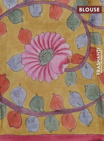 Pure tussar partly silk saree teal green and mustard yellow with plain body and kalamkari hand painted prints