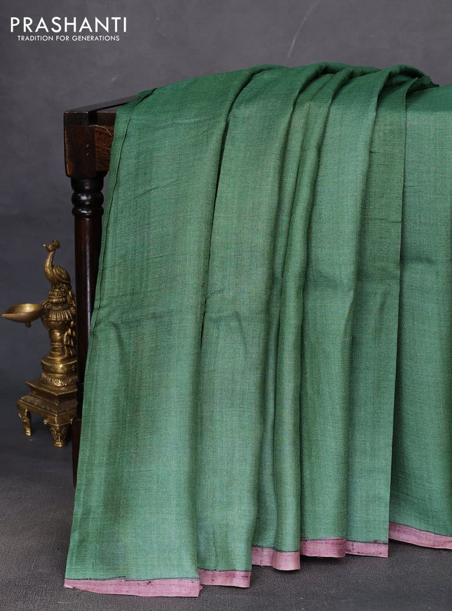 Pure tussar partly silk saree green shade and yellow with plain body and kalamkari hand painted prints