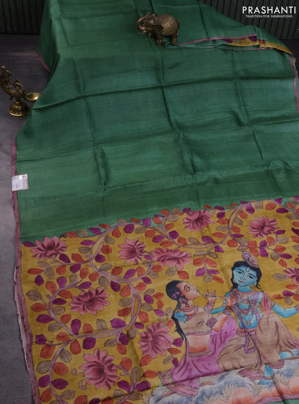 Pure tussar partly silk saree green shade and yellow with plain body and kalamkari hand painted prints