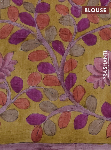 Pure tussar partly silk saree green shade and yellow with plain body and kalamkari hand painted prints