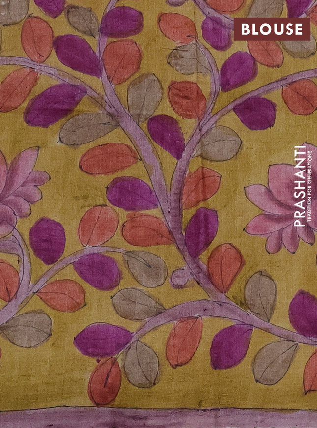 Pure tussar partly silk saree green shade and yellow with plain body and kalamkari hand painted prints