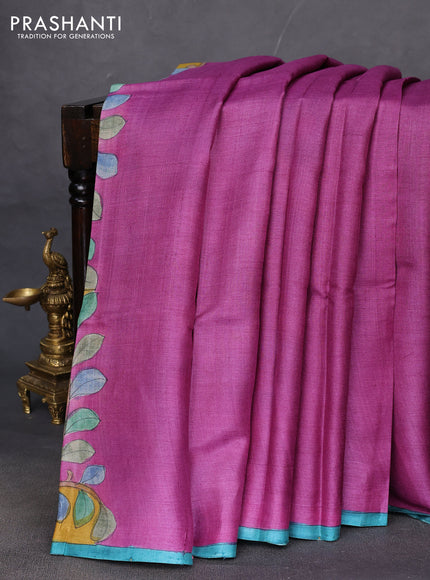 Pure tussar partly silk saree purple and yellow with plain body and kalamkari hand painted prints