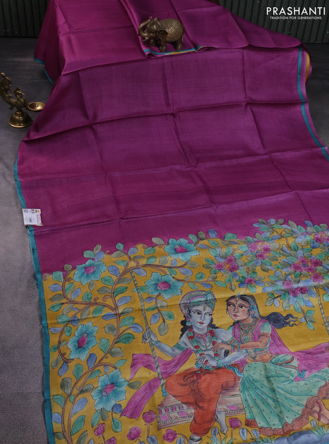 Pure tussar partly silk saree purple and yellow with plain body and kalamkari hand painted prints