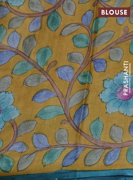 Pure tussar partly silk saree purple and yellow with plain body and kalamkari hand painted prints