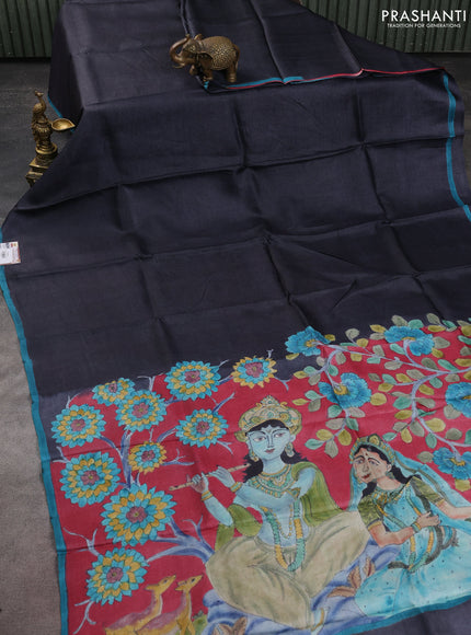 Pure tussar partly silk saree elephant grey and maroon with plain body and kalamkari hand painted prints