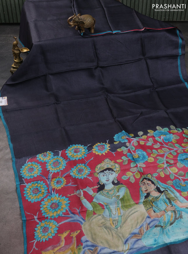 Pure tussar partly silk saree elephant grey and maroon with plain body and kalamkari hand painted prints