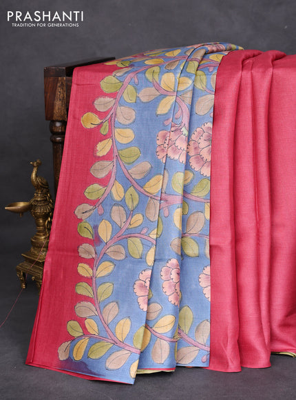 Pure tussar partly silk saree pink shade and pastel blue with plain body and kalamkari hand painted prints