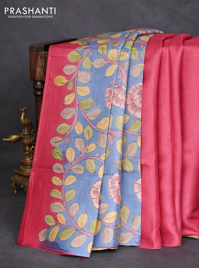 Pure tussar partly silk saree pink shade and pastel blue with plain body and kalamkari hand painted prints