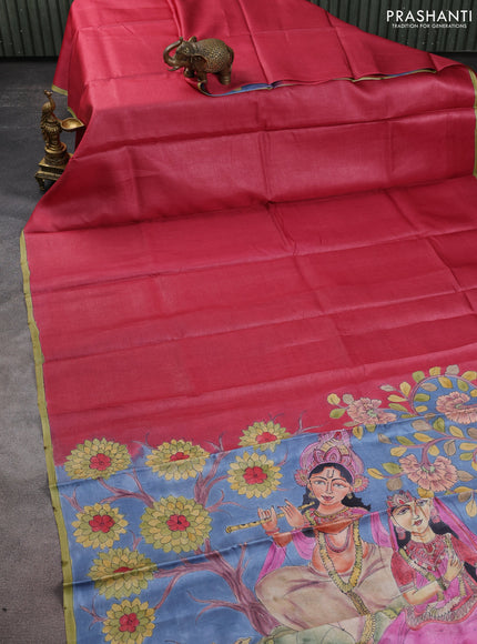 Pure tussar partly silk saree pink shade and pastel blue with plain body and kalamkari hand painted prints