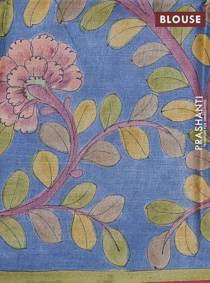 Pure tussar partly silk saree pink shade and pastel blue with plain body and kalamkari hand painted prints