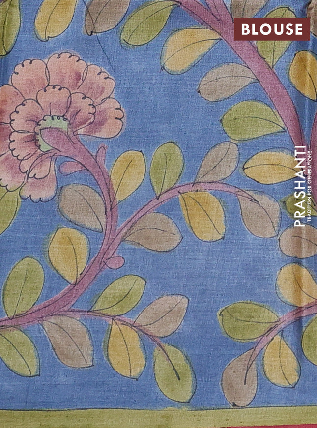 Pure tussar partly silk saree pink shade and pastel blue with plain body and kalamkari hand painted prints