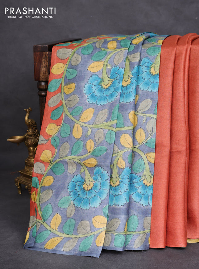 Pure tussar partly silk saree grey shade and rustic orange with plain body and kalamkari hand painted prints
