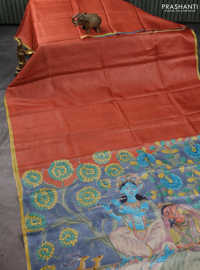 Pure tussar partly silk saree grey shade and rustic orange with plain body and kalamkari hand painted prints