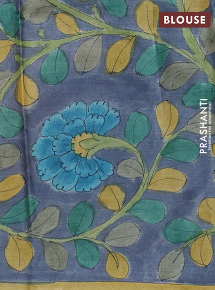 Pure tussar partly silk saree grey shade and rustic orange with plain body and kalamkari hand painted prints