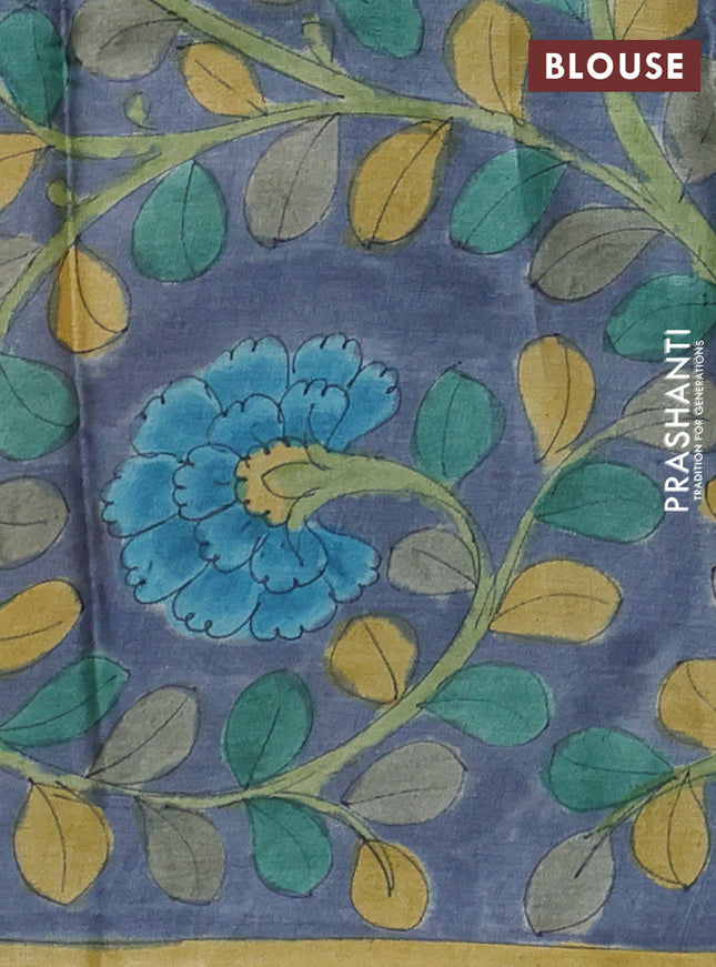 Pure tussar partly silk saree grey shade and rustic orange with plain body and kalamkari hand painted prints