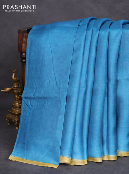 Pure tussar partly silk saree cs blue and purple shade with plain body and kalamkari hand painted prints