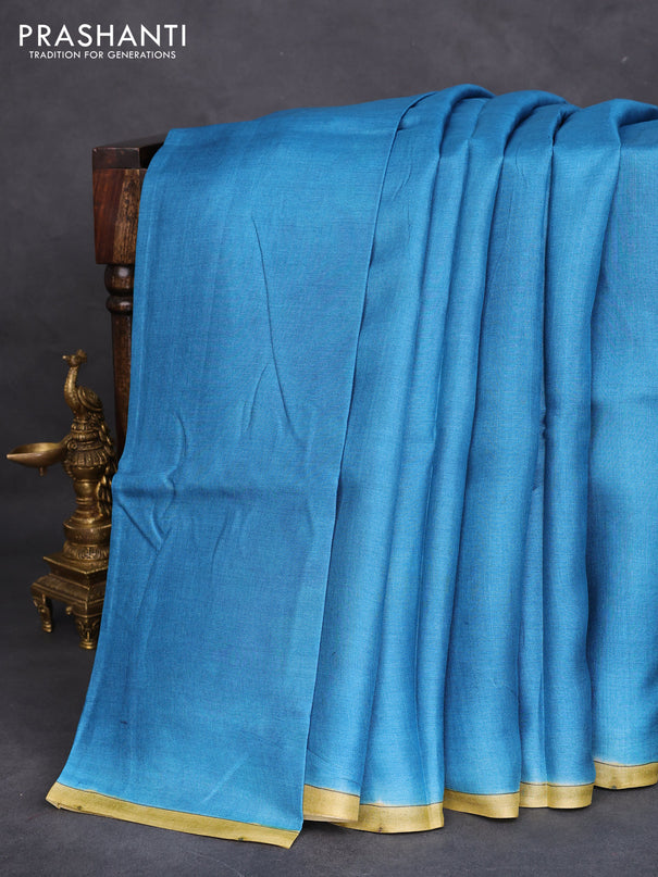 Pure tussar partly silk saree cs blue and purple shade with plain body and kalamkari hand painted prints