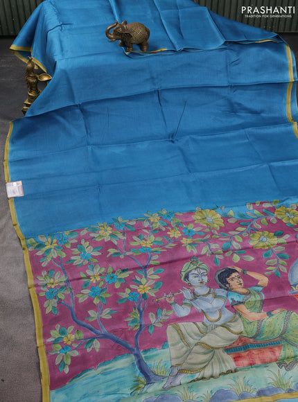 Pure tussar partly silk saree cs blue and purple shade with plain body and kalamkari hand painted prints