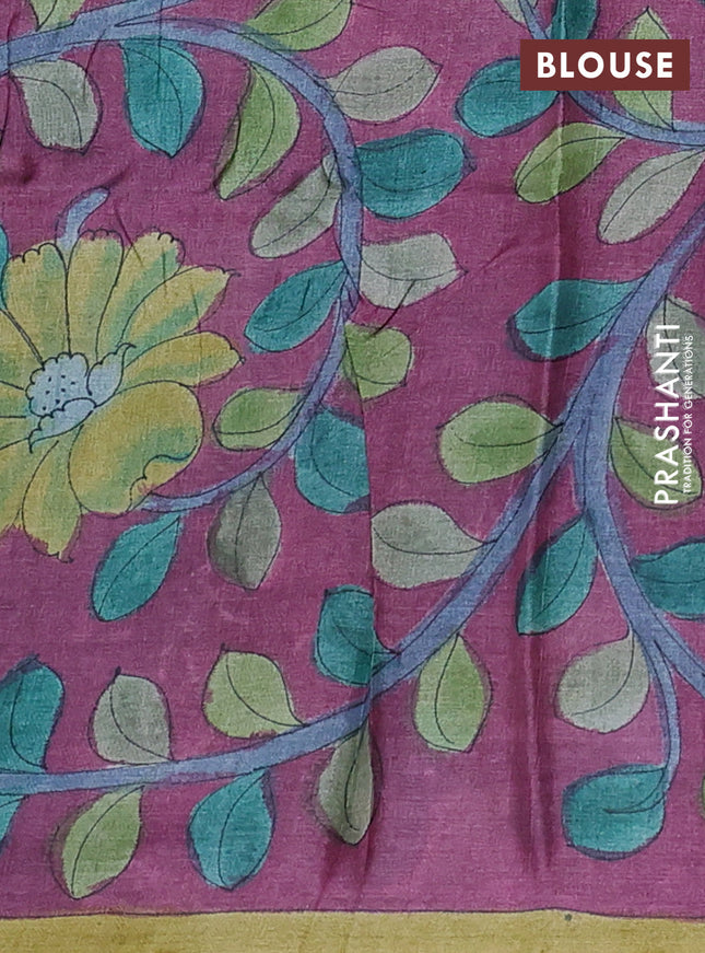 Pure tussar partly silk saree cs blue and purple shade with plain body and kalamkari hand painted prints