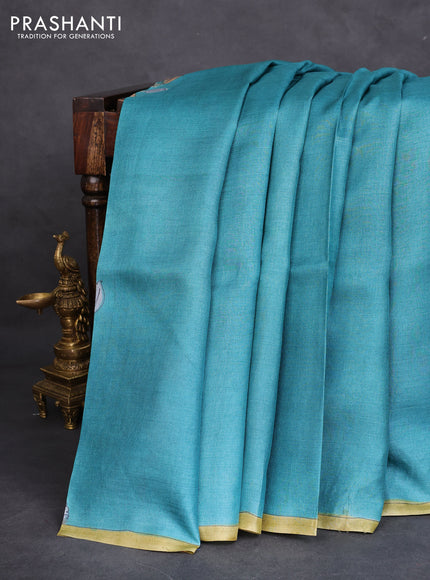 Pure tussar partly silk saree teal blue and orange with plain body and kalamkari hand painted prints