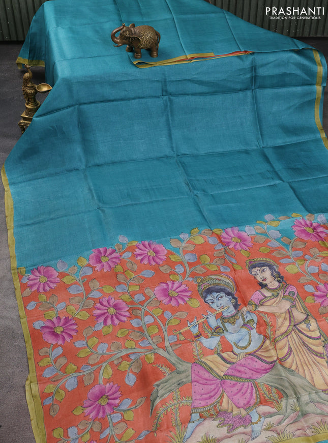 Pure tussar partly silk saree teal blue and orange with plain body and kalamkari hand painted prints