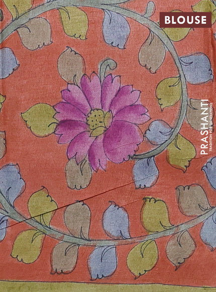 Pure tussar partly silk saree teal blue and orange with plain body and kalamkari hand painted prints