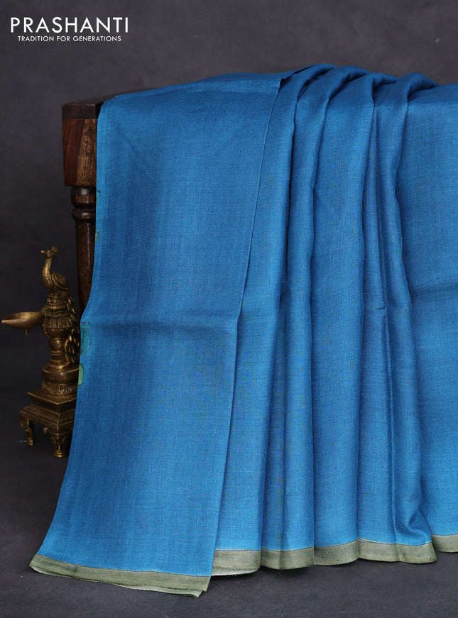 Pure tussar partly silk saree cs blue and rustic orange with plain body and kalamkari hand painted prints