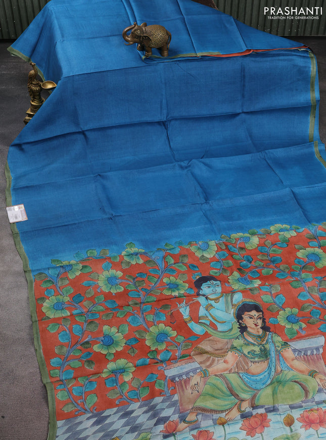 Pure tussar partly silk saree cs blue and rustic orange with plain body and kalamkari hand painted prints