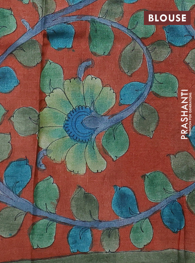 Pure tussar partly silk saree cs blue and rustic orange with plain body and kalamkari hand painted prints