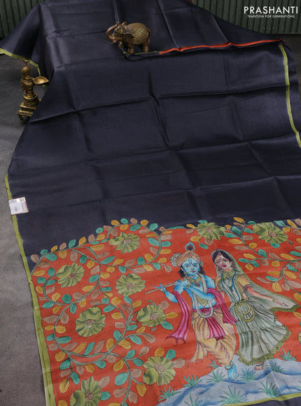 Pure tussar partly silk saree black and orange with plain body and kalamkari hand painted prints