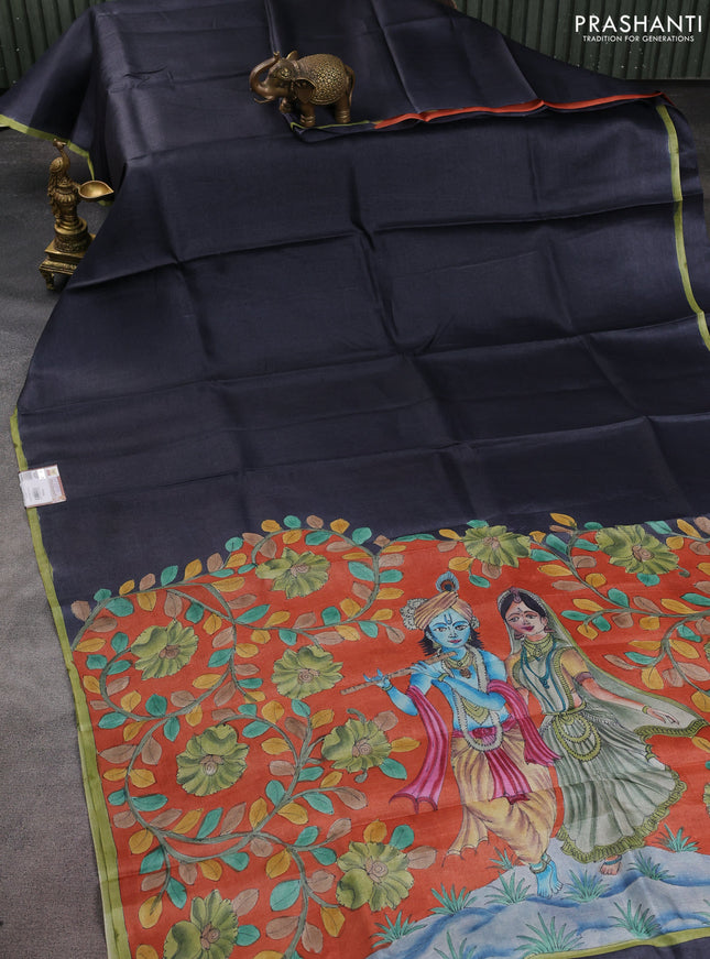 Pure tussar partly silk saree black and orange with plain body and kalamkari hand painted prints