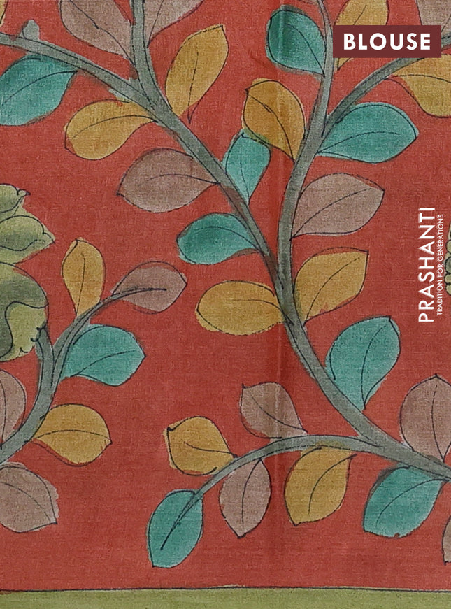 Pure tussar partly silk saree black and orange with plain body and kalamkari hand painted prints