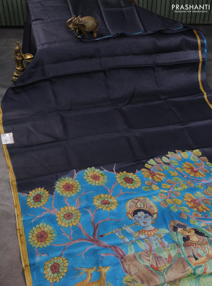 Pure tussar partly silk saree black and cs blue with plain body and kalamkari hand painted prints