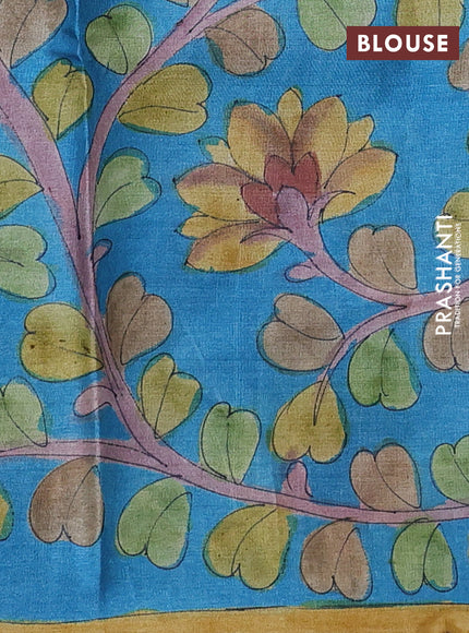 Pure tussar partly silk saree black and cs blue with plain body and kalamkari hand painted prints