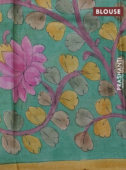 Pure tussar partly silk saree rustic orange and teal green with plain body and kalamkari hand painted prints