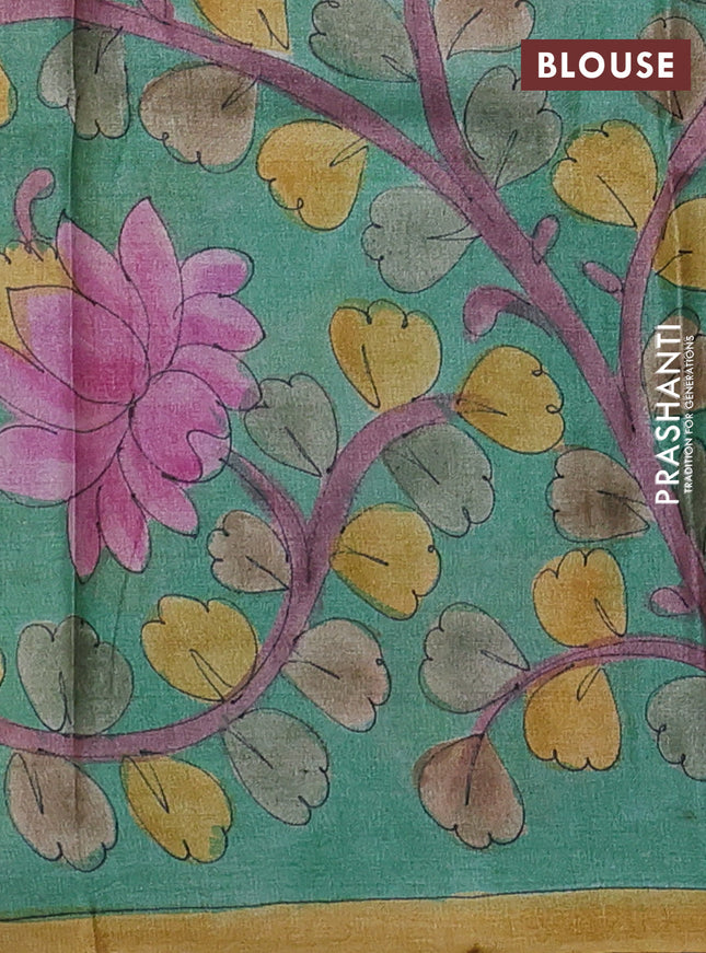 Pure tussar partly silk saree rustic orange and teal green with plain body and kalamkari hand painted prints