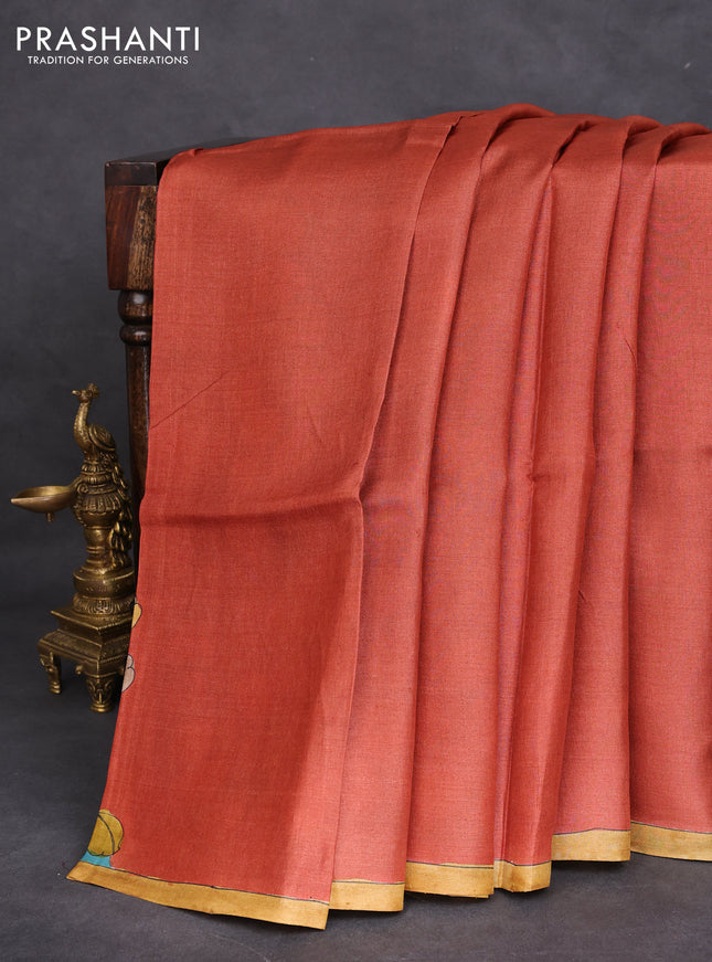Pure tussar partly silk saree rustic orange and cs blue with plain body and kalamkari hand painted prints