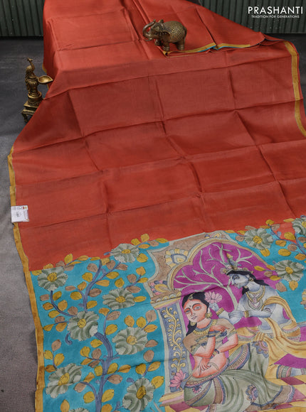 Pure tussar partly silk saree rustic orange and cs blue with plain body and kalamkari hand painted prints