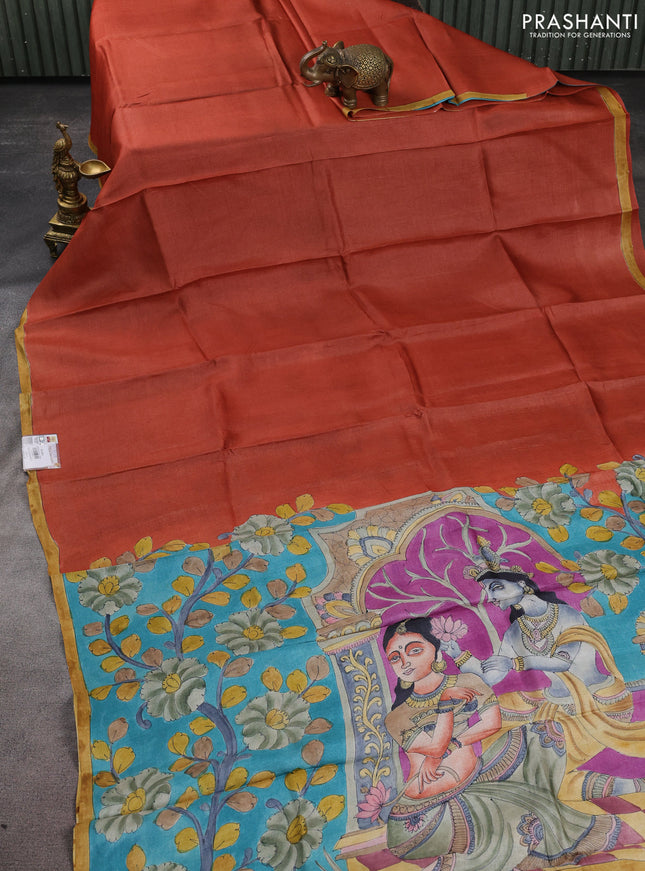 Pure tussar partly silk saree rustic orange and cs blue with plain body and kalamkari hand painted prints