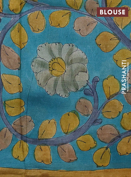 Pure tussar partly silk saree rustic orange and cs blue with plain body and kalamkari hand painted prints