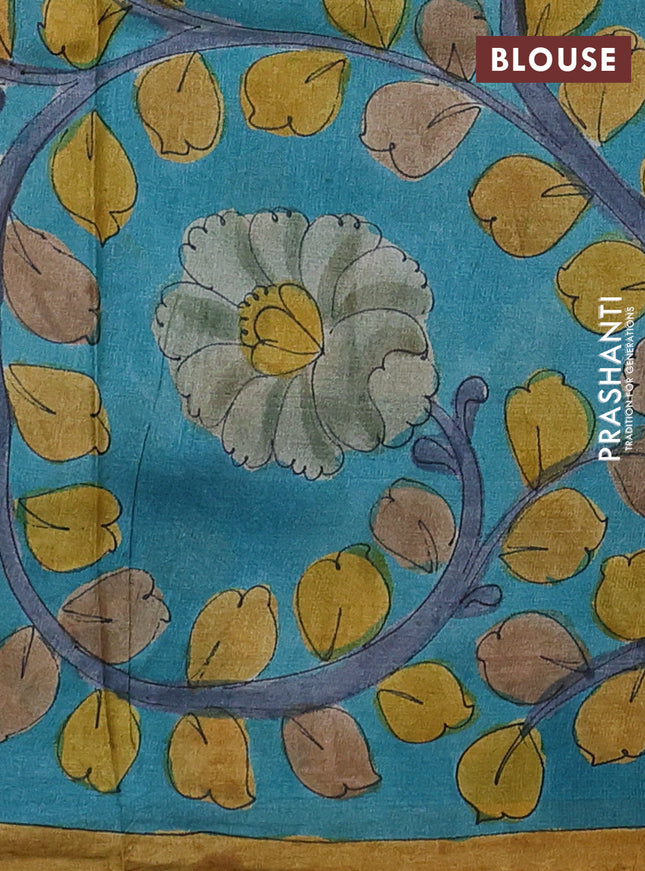 Pure tussar partly silk saree rustic orange and cs blue with plain body and kalamkari hand painted prints