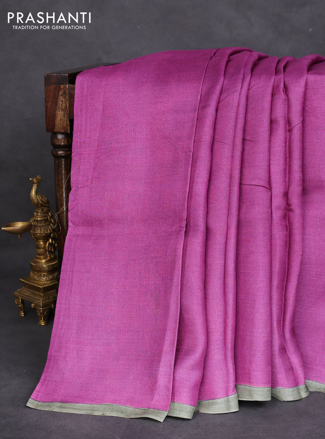 Pure tussar partly silk saree purple and mustard yellow with plain body and kalamkari hand painted prints