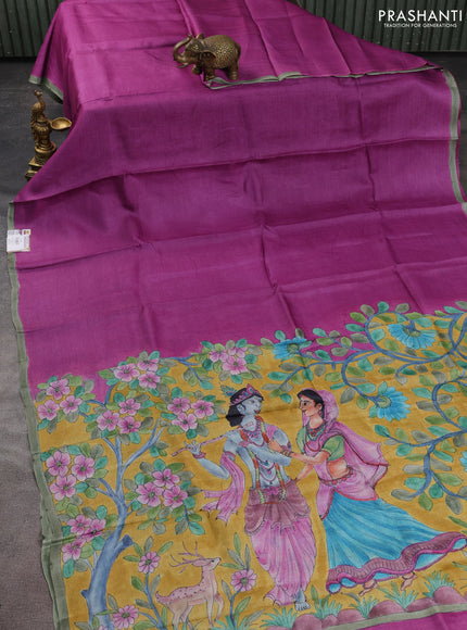 Pure tussar partly silk saree purple and mustard yellow with plain body and kalamkari hand painted prints