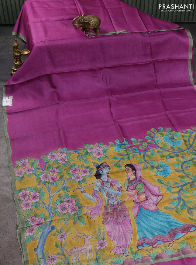 Pure tussar partly silk saree purple and mustard yellow with plain body and kalamkari hand painted prints