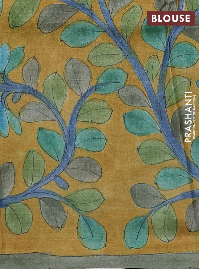 Pure tussar partly silk saree purple and mustard yellow with plain body and kalamkari hand painted prints