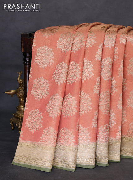 Banarasi tissue silk cotton saree rust shade and green shade with zari woven buttas and woven border