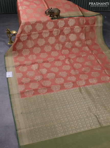 Banarasi tissue silk cotton saree rust shade and green shade with zari woven buttas and woven border