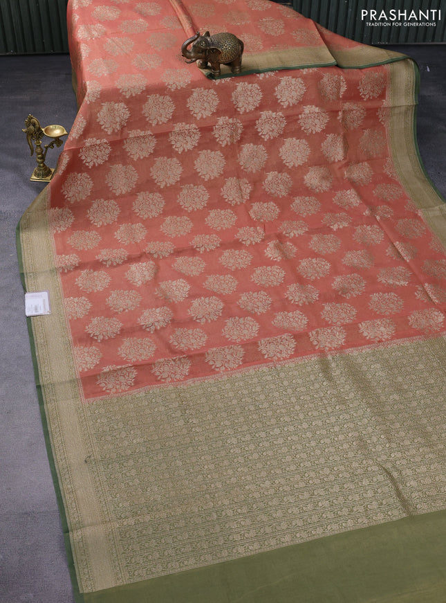 Banarasi tissue silk cotton saree rust shade and green shade with zari woven buttas and woven border